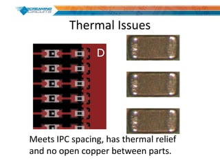 Thermal Issues
Meets IPC spacing, has thermal relief
and no open copper between parts.
 