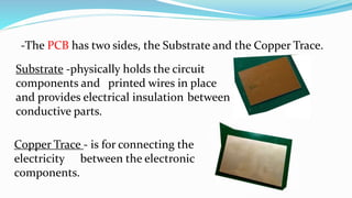 -The PCB has two sides, the Substrate and the Copper Trace.
Copper Trace - is for connecting the
electricity between the electronic
components.
Substrate -physically holds the circuit
components and printed wires in place
and provides electrical insulation between
conductive parts.
 