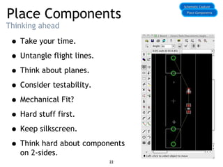 Place Components
Thinking ahead
• Take your time.
• Untangle flight lines.
• Think about planes.
• Consider testability.
• Mechanical Fit?
• Hard stuff first.
• Keep silkscreen.
• Think hard about components
on 2-sides.
Schematic CaptureSchematic Capture
Place ComponentsPlace Components
22
 