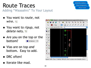Route Traces
Adding “Waaaahrs” To Your Layout
• You want to route, not
wire.
• You want to ripup, not
delete nets.
• Are you on the top or the
bottom?
• Vias are on top and
bottom. Easy to add.
• DRC often!
• Iterate like mad.
Schematic CaptureSchematic Capture
Place ComponentsPlace Components
Route TracesRoute Traces
24
 
