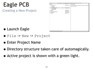 Eagle PCB
Creating a New Project
•Launch Eagle
•File -> New -> Project
•Enter Project Name
•Directory structure taken care of automagically.
•Active project is shown with a green light.
12
 
