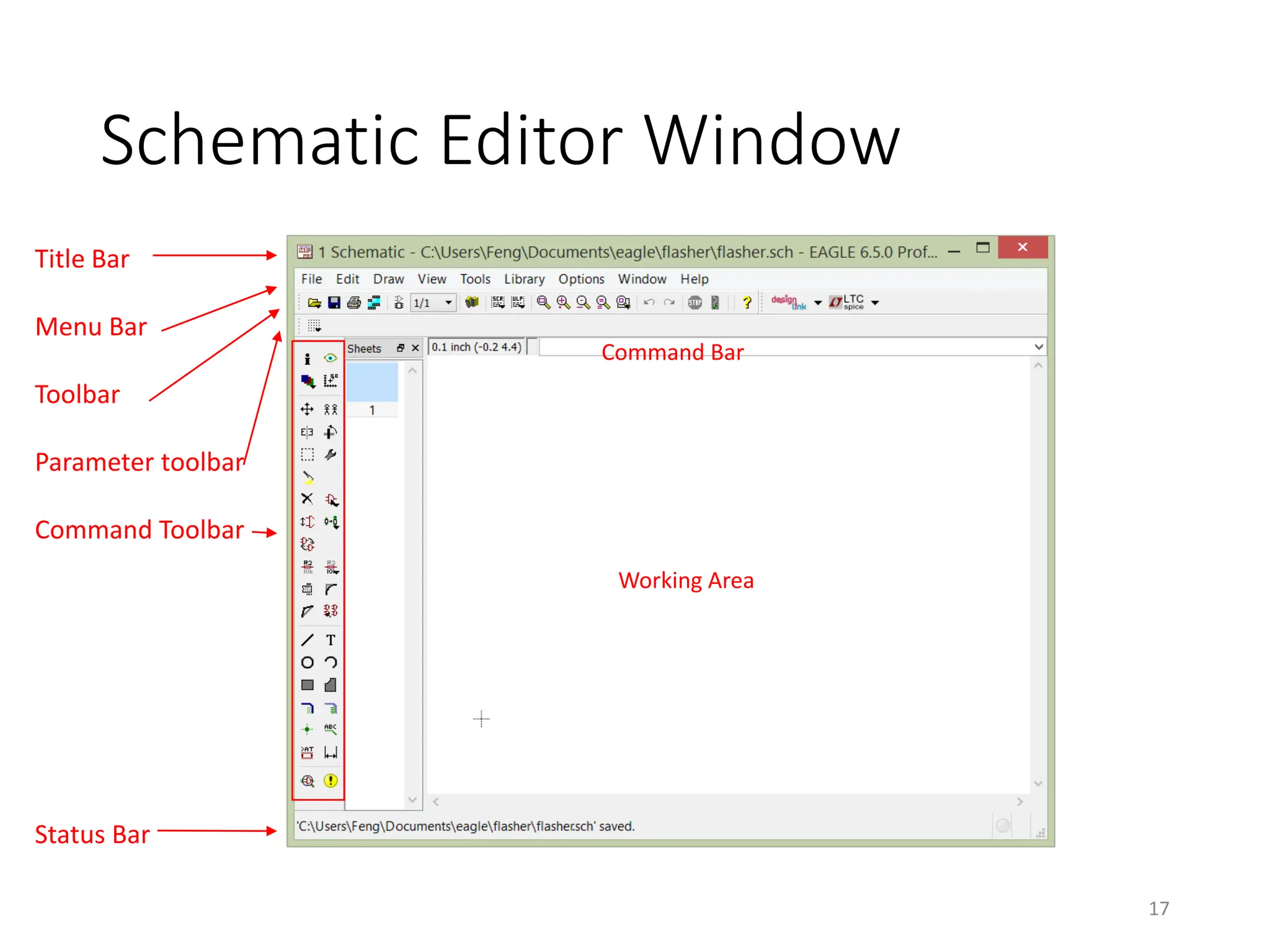 Schematic Editor Window
Title Bar
Menu Bar
Toolbar
Parameter toolbar
Command Toolbar
Status Bar
Command Bar
Working Area
17
 