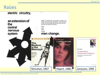 Educação 4.0
Externato Cooperativo da Benedita, 6 de setembro de 2019
Raízes
McLuhan, 1967 Papert, 1980 Jonassen, 1995
 
