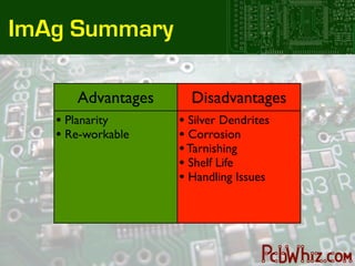 ImAg Summary

      Advantages     Disadvantages
   • Planarity     • Silver Dendrites
   • Re-workable   • Corrosion
                   • Tarnishing
                   • Shelf Life
                   • Handling Issues
 