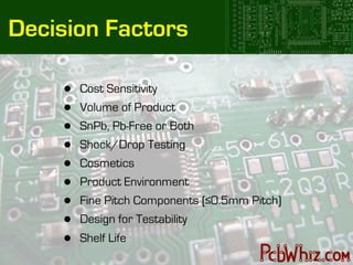 Decision Factors

    •   Cost Sensitivity
    •   Volume of Product
    •   SnPb, Pb-Free or Both
    •   Shock/Drop Testing
    •   Cosmetics
    •   Product Environment
    •   Fine Pitch Components (≤0.5mm Pitch)
    •   Design for Testability
    •   Shelf Life
 