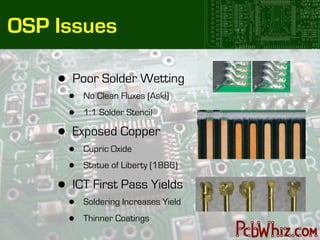 OSP Issues

    •   Poor Solder Wetting
        •   No Clean Fluxes (Ask!)

        •   1:1 Solder Stencil

    •   Exposed Copper
        •   Cupric Oxide

        •   Statue of Liberty (1886)

    •   ICT First Pass Yields
        •   Soldering Increases Yield

        •   Thinner Coatings
 