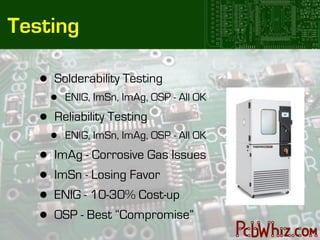 Testing

   •   Solderability Testing
       •   ENIG, ImSn, ImAg, OSP - All OK

   •   Reliability Testing
       •   ENIG, ImSn, ImAg, OSP - All OK

   •   ImAg - Corrosive Gas Issues
   •   ImSn - Losing Favor
   •   ENIG - 10-30% Cost-up
   •   OSP - Best “Compromise”
 