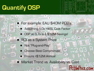 Quantify OSP

    •   For example: EAU $40M PCB’s
        •   Assuming 1.0x HASL Cost Factor
        •   OSP at 0.7x is a $12M Savings!

    •   ROI as a System Price
        •   Not “Plug-and-Play”
        •   Choose Best Compromise
        •   Ensure <$12M Annual

    •   Market Trend vs. Availability vs. Cost
 