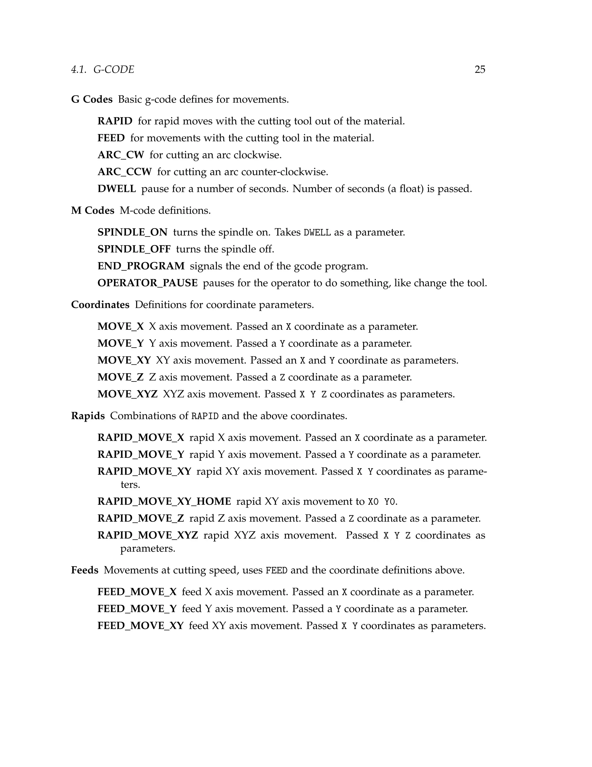 4.1. G-CODE 25
G Codes Basic g-code deﬁnes for movements.
RAPID for rapid moves with the cutting tool out of the material.
FEED for movements with the cutting tool in the material.
ARC_CW for cutting an arc clockwise.
ARC_CCW for cutting an arc counter-clockwise.
DWELL pause for a number of seconds. Number of seconds (a ﬂoat) is passed.
M Codes M-code deﬁnitions.
SPINDLE_ON turns the spindle on. Takes DWELL as a parameter.
SPINDLE_OFF turns the spindle off.
END_PROGRAM signals the end of the gcode program.
OPERATOR_PAUSE pauses for the operator to do something, like change the tool.
Coordinates Deﬁnitions for coordinate parameters.
MOVE_X X axis movement. Passed an X coordinate as a parameter.
MOVE_Y Y axis movement. Passed a Y coordinate as a parameter.
MOVE_XY XY axis movement. Passed an X and Y coordinate as parameters.
MOVE_Z Z axis movement. Passed a Z coordinate as a parameter.
MOVE_XYZ XYZ axis movement. Passed X Y Z coordinates as parameters.
Rapids Combinations of RAPID and the above coordinates.
RAPID_MOVE_X rapid X axis movement. Passed an X coordinate as a parameter.
RAPID_MOVE_Y rapid Y axis movement. Passed a Y coordinate as a parameter.
RAPID_MOVE_XY rapid XY axis movement. Passed X Y coordinates as parame-
ters.
RAPID_MOVE_XY_HOME rapid XY axis movement to X0 Y0.
RAPID_MOVE_Z rapid Z axis movement. Passed a Z coordinate as a parameter.
RAPID_MOVE_XYZ rapid XYZ axis movement. Passed X Y Z coordinates as
parameters.
Feeds Movements at cutting speed, uses FEED and the coordinate deﬁnitions above.
FEED_MOVE_X feed X axis movement. Passed an X coordinate as a parameter.
FEED_MOVE_Y feed Y axis movement. Passed a Y coordinate as a parameter.
FEED_MOVE_XY feed XY axis movement. Passed X Y coordinates as parameters.
 