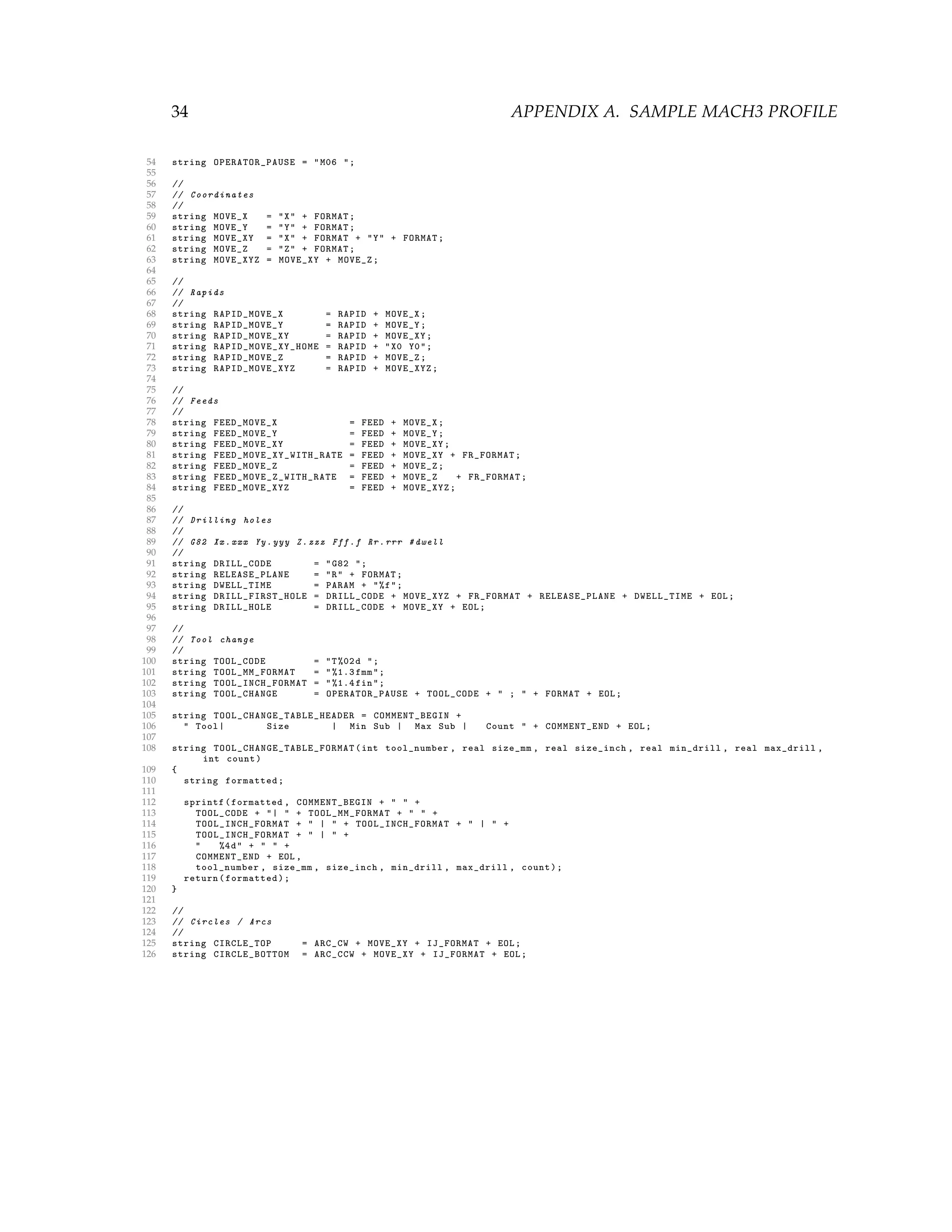 34 APPENDIX A. SAMPLE MACH3 PROFILE
54 string OPERATOR_PAUSE = "M06 ";
55
56 //
57 // Coordinates
58 //
59 string MOVE_X = "X" + FORMAT;
60 string MOVE_Y = "Y" + FORMAT;
61 string MOVE_XY = "X" + FORMAT + "Y" + FORMAT;
62 string MOVE_Z = "Z" + FORMAT;
63 string MOVE_XYZ = MOVE_XY + MOVE_Z;
64
65 //
66 // Rapids
67 //
68 string RAPID_MOVE_X = RAPID + MOVE_X;
69 string RAPID_MOVE_Y = RAPID + MOVE_Y;
70 string RAPID_MOVE_XY = RAPID + MOVE_XY;
71 string RAPID_MOVE_XY_HOME = RAPID + "X0 Y0";
72 string RAPID_MOVE_Z = RAPID + MOVE_Z;
73 string RAPID_MOVE_XYZ = RAPID + MOVE_XYZ;
74
75 //
76 // Feeds
77 //
78 string FEED_MOVE_X = FEED + MOVE_X;
79 string FEED_MOVE_Y = FEED + MOVE_Y;
80 string FEED_MOVE_XY = FEED + MOVE_XY;
81 string FEED_MOVE_XY_WITH_RATE = FEED + MOVE_XY + FR_FORMAT;
82 string FEED_MOVE_Z = FEED + MOVE_Z;
83 string FEED_MOVE_Z_WITH_RATE = FEED + MOVE_Z + FR_FORMAT;
84 string FEED_MOVE_XYZ = FEED + MOVE_XYZ;
85
86 //
87 // Drilling holes
88 //
89 // G82 Xx.xxx Yy.yyy Z.zzz Fff.f Rr.rrr #dwell
90 //
91 string DRILL_CODE = "G82 ";
92 string RELEASE_PLANE = "R" + FORMAT;
93 string DWELL_TIME = PARAM + "%f";
94 string DRILL_FIRST_HOLE = DRILL_CODE + MOVE_XYZ + FR_FORMAT + RELEASE_PLANE + DWELL_TIME + EOL;
95 string DRILL_HOLE = DRILL_CODE + MOVE_XY + EOL;
96
97 //
98 // Tool change
99 //
100 string TOOL_CODE = "T%02d ";
101 string TOOL_MM_FORMAT = "%1.3 fmm";
102 string TOOL_INCH_FORMAT = "%1.4 fin";
103 string TOOL_CHANGE = OPERATOR_PAUSE + TOOL_CODE + " ; " + FORMAT + EOL;
104
105 string TOOL_CHANGE_TABLE_HEADER = COMMENT_BEGIN +
106 " Tool| Size | Min Sub | Max Sub | Count " + COMMENT_END + EOL;
107
108 string TOOL_CHANGE_TABLE_FORMAT (int tool_number , real size_mm , real size_inch , real min_drill , real max_drill ,
int count)
109 {
110 string formatted;
111
112 sprintf(formatted , COMMENT_BEGIN + " " +
113 TOOL_CODE + "| " + TOOL_MM_FORMAT + " " +
114 TOOL_INCH_FORMAT + " | " + TOOL_INCH_FORMAT + " | " +
115 TOOL_INCH_FORMAT + " | " +
116 " %4d" + " " +
117 COMMENT_END + EOL ,
118 tool_number , size_mm , size_inch , min_drill , max_drill , count);
119 return(formatted);
120 }
121
122 //
123 // Circles / Arcs
124 //
125 string CIRCLE_TOP = ARC_CW + MOVE_XY + IJ_FORMAT + EOL;
126 string CIRCLE_BOTTOM = ARC_CCW + MOVE_XY + IJ_FORMAT + EOL;
 