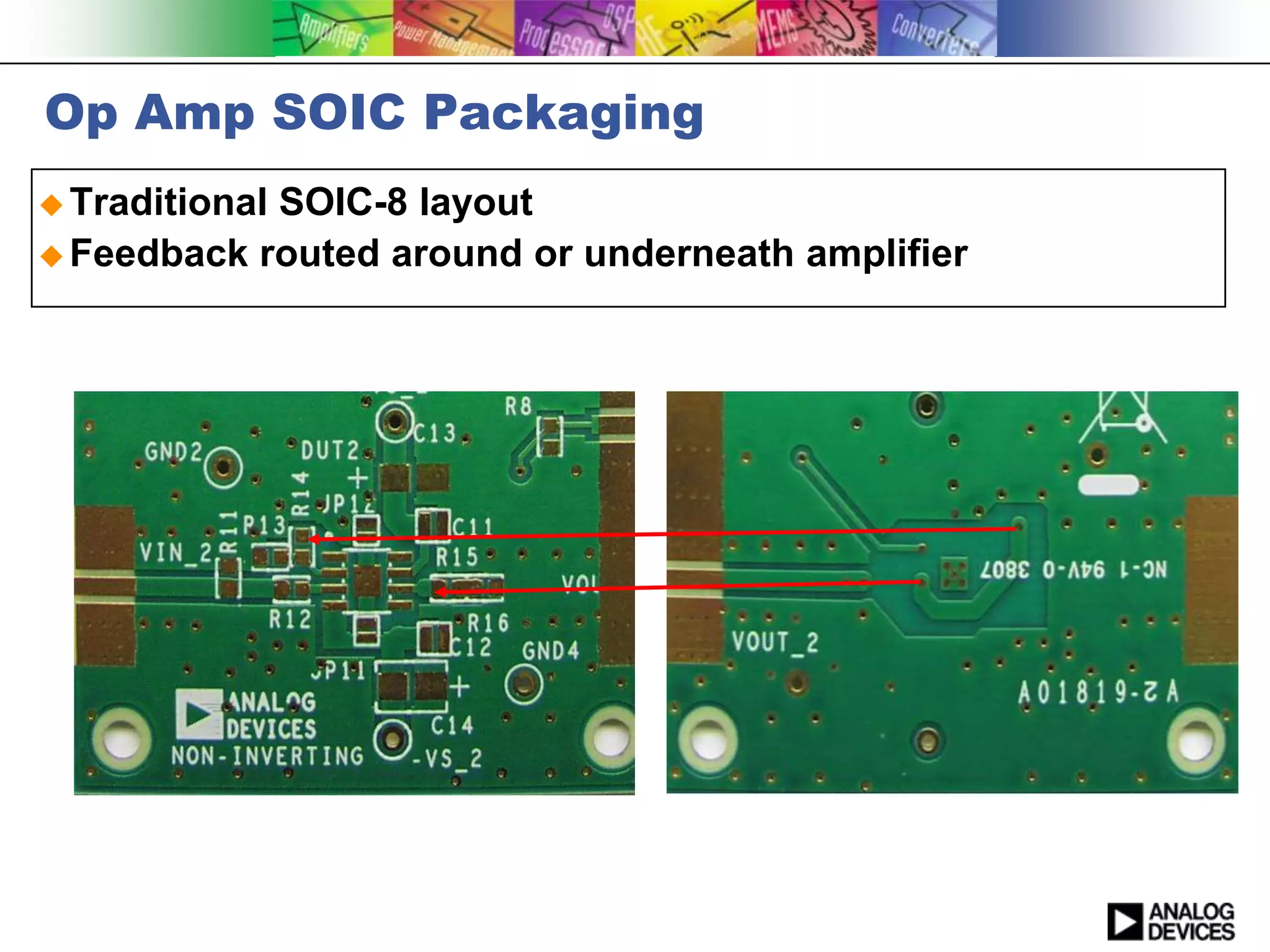 Op Amp SOIC Packaging
 Traditional
            SOIC-8 layout
 Feedback routed around or underneath amplifier
 