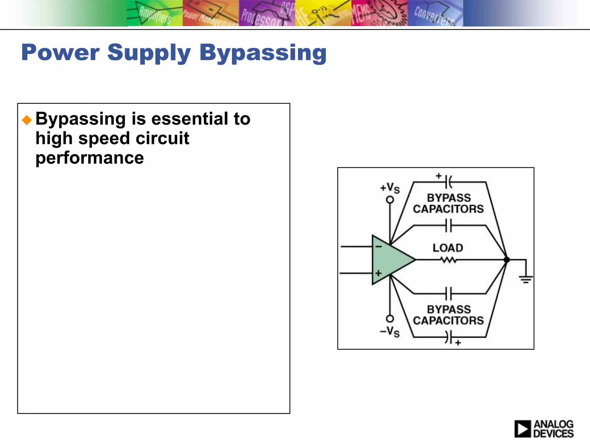 Power Supply Bypassing

 Bypassingis essential to
 high speed circuit
 performance
 
