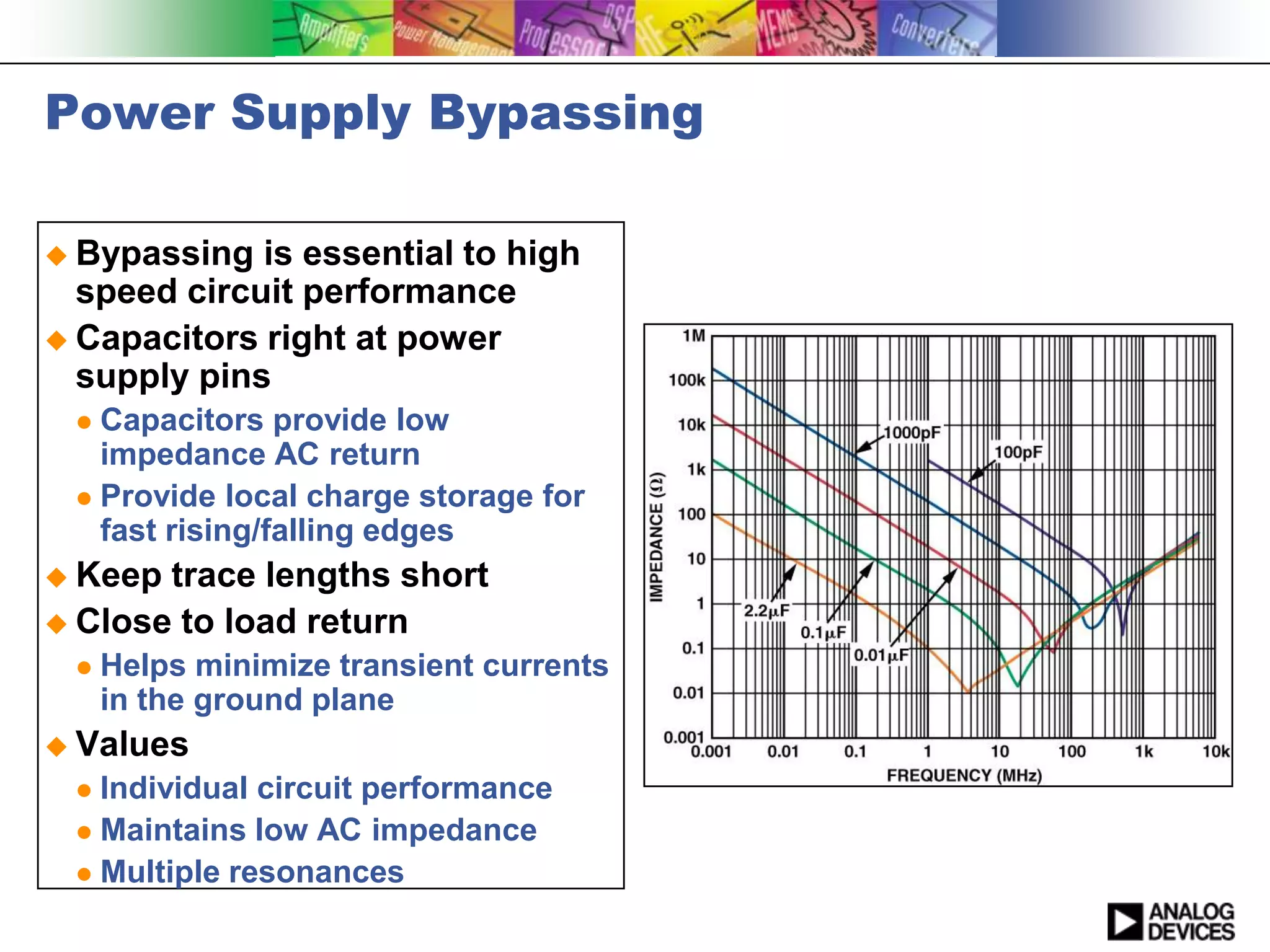 Power Supply Bypassing

 Bypassing  is essential to high
  speed circuit performance
 Capacitors right at power
  supply pins
  Capacitors provide low
   impedance AC return
  Provide local charge storage for
   fast rising/falling edges
 Keep trace lengths short
 Close to load return
    Helps minimize transient currents
     in the ground plane
 Values
  Individual circuit performance
  Maintains low AC impedance
  Multiple resonances
 