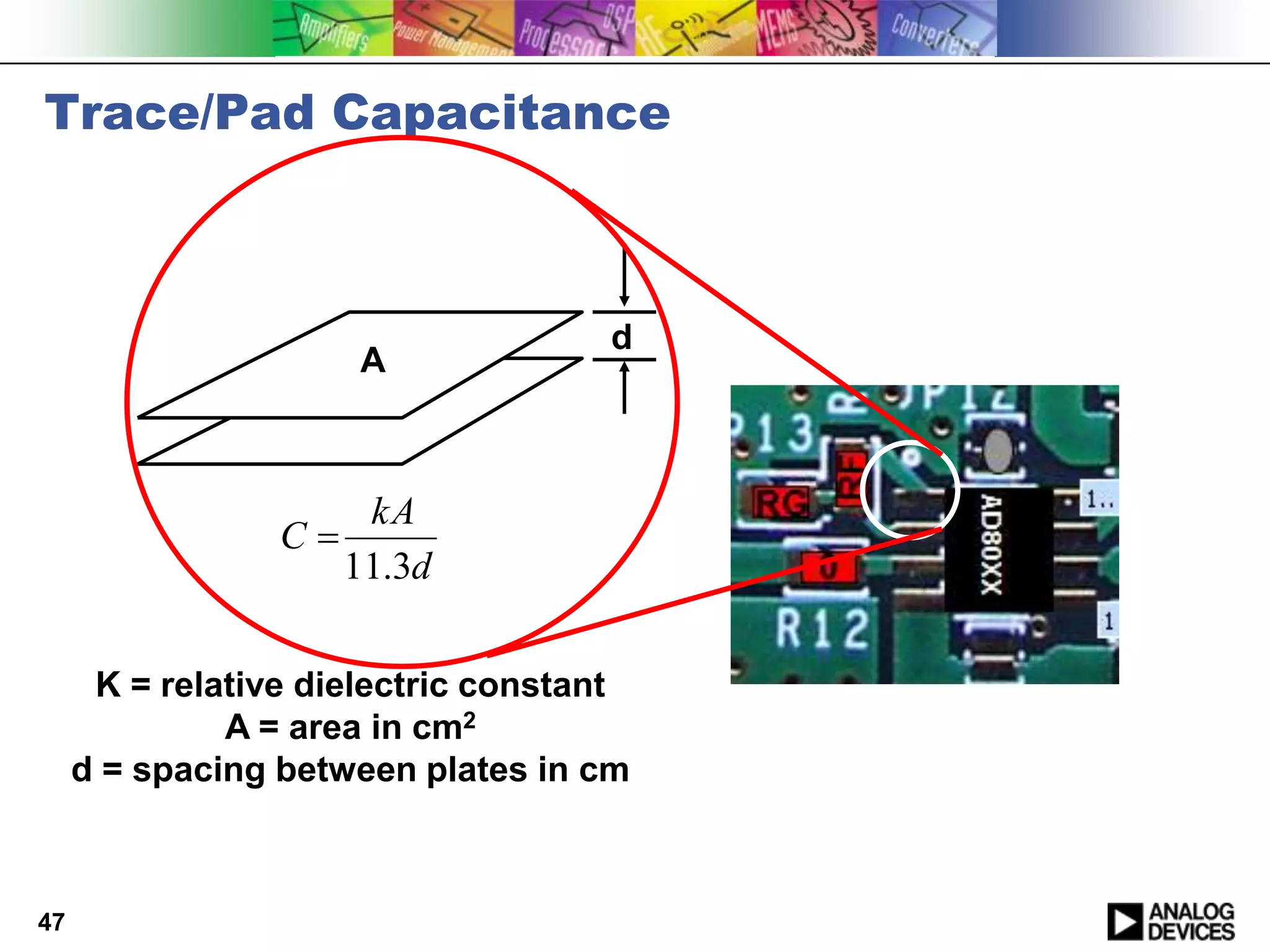 Trace/Pad Capacitance



                                    d
                      A



                       kA
                 C
                      11.3d


      K = relative dielectric constant
              A = area in cm2
     d = spacing between plates in cm



47
 