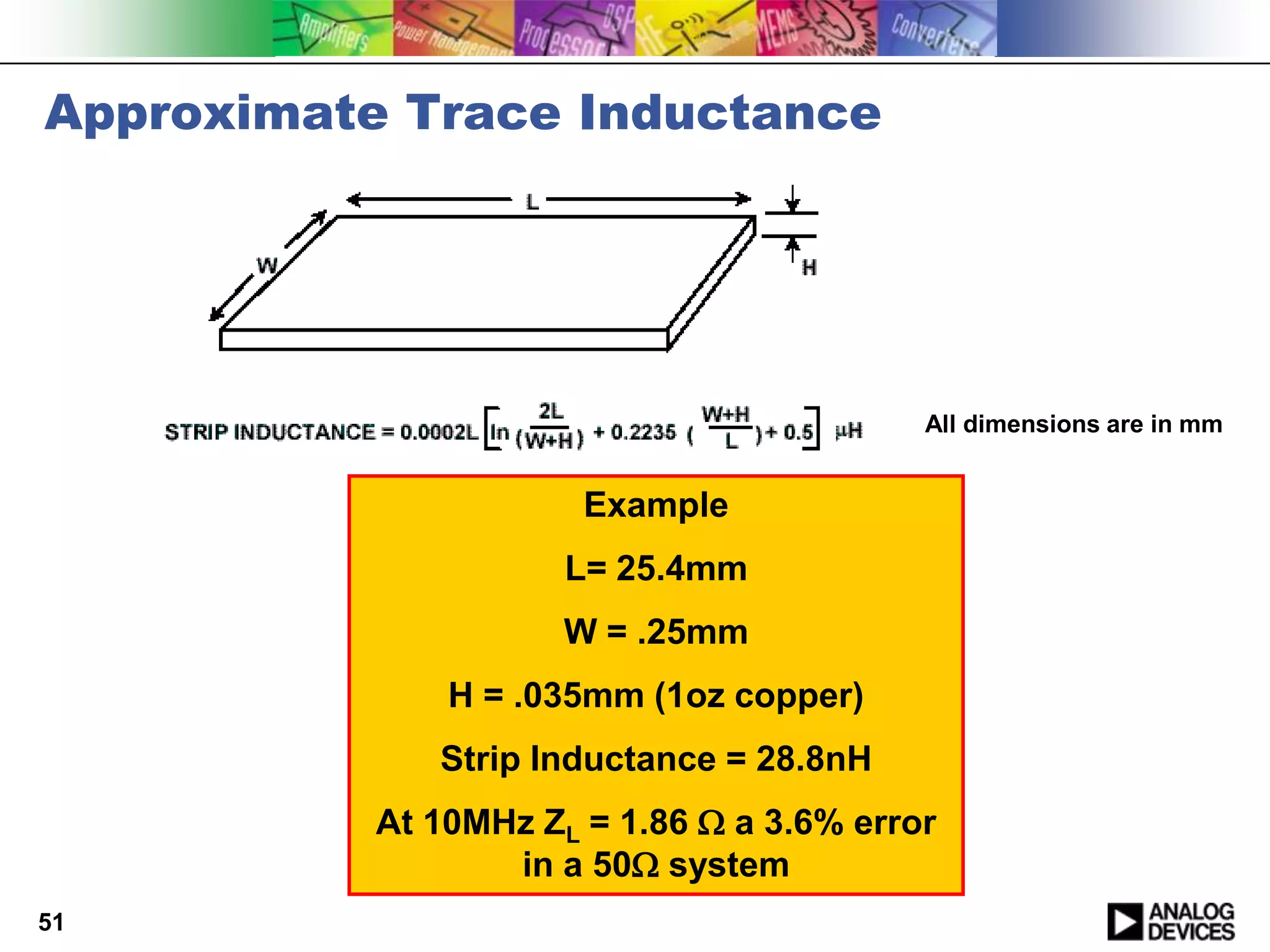 Approximate Trace Inductance




                                           All dimensions are in mm


                       Example
                      L= 25.4mm
                      W = .25mm
               H = .035mm (1oz copper)
              Strip Inductance = 28.8nH
           At 10MHz ZL = 1.86  a 3.6% error
                  in a 50 system
51
 