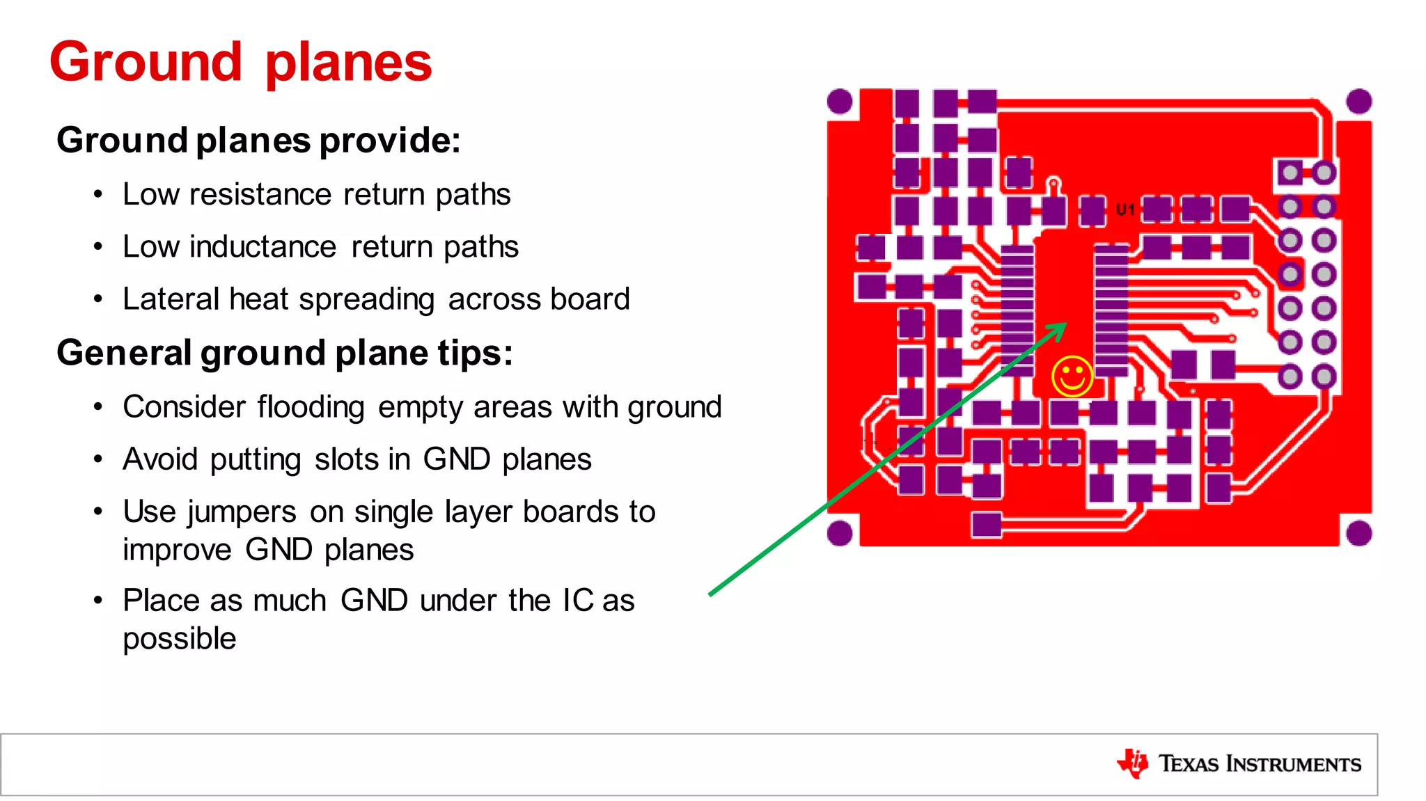 Ground planes provide:
• Low resistance return paths
• Low inductance return paths
• Lateral heat spreading across board
General ground plane tips:
• Consider flooding empty areas with ground
• Avoid putting slots in GND planes
• Use jumpers on single layer boards to
improve GND planes
• Place as much GND under the IC as
possible
☺
Ground planes
 