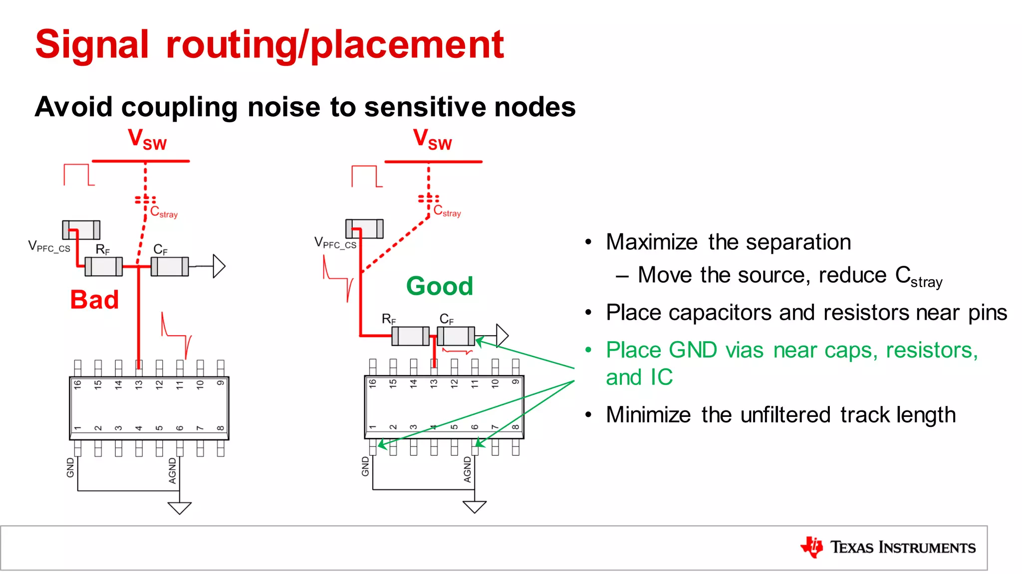 Avoid coupling noise to sensitive nodes
• Maximize the separation
– Move the source, reduce Cstray
• Place capacitors and resistors near pins
• Place GND vias near caps, resistors,
and IC
• Minimize the unfiltered track length
Good
Bad
VSW VSW
Signal routing/placement
 