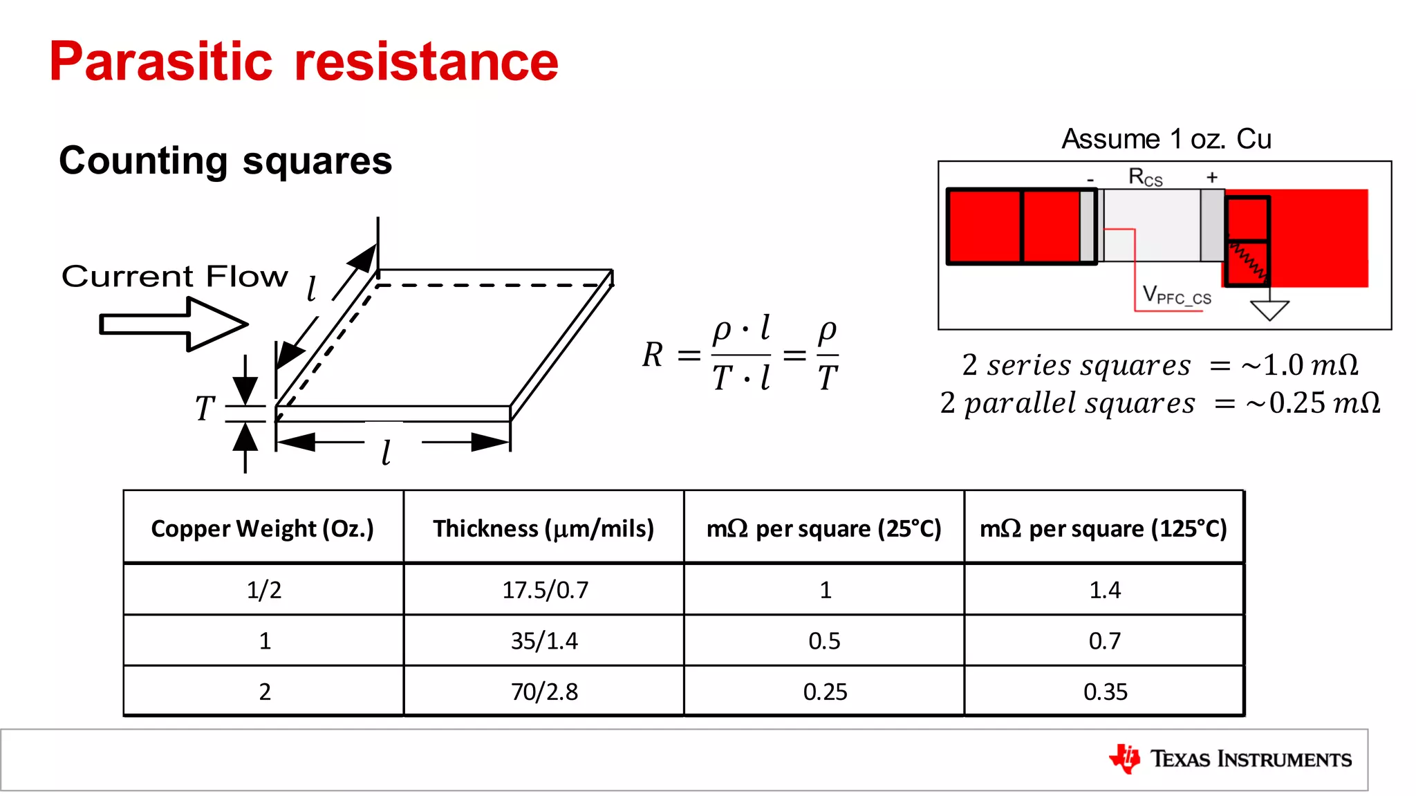 𝑅 =
𝜌 ∙ 𝑙
𝑇 ∙ 𝑙
=
𝜌
𝑇 2 𝑠𝑒𝑟𝑖𝑒𝑠 𝑠𝑞𝑢𝑎𝑟𝑒𝑠 = ~1.0 𝑚Ω
2 𝑝𝑎𝑟𝑎𝑙𝑙𝑒𝑙 𝑠𝑞𝑢𝑎𝑟𝑒𝑠 = ~0.25 𝑚Ω
Assume 1 oz. Cu
Counting squares
t
Current Flow


𝑙
𝑙
𝑇
Copper Weight (Oz.) Thickness (m/mils) m per square (25°C) m per square (125°C)
1/2 17.5/0.7 1 1.4
1 35/1.4 0.5 0.7
2 70/2.8 0.25 0.35
Parasitic resistance
 