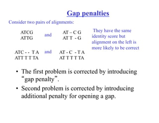 Gap penalties
• The first problem is corrected by introducing
“gap penalty”.
• Second problem is corrected by introducing
additional penalty for opening a gap.
ATCG
ATTG
and
AT – C G
AT T - G
They have the same
identity score but
alignment on the left is
more likely to be correct
AT - C - T A
AT T T T TA
ATC - - T A
ATT T T TA
Consider two pairs of alignments:
and
 
