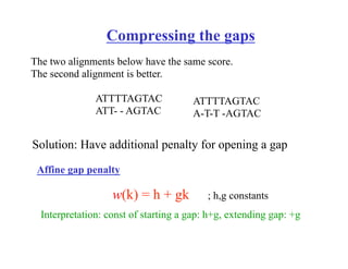 Compressing the gaps
Solution: Have additional penalty for opening a gap
ATTTTAGTAC
ATT- - AGTAC
ATTTTAGTAC
A-T-T -AGTAC
The two alignments below have the same score.
The second alignment is better.
w(k) = h + gk ; h,g constants
Interpretation: const of starting a gap: h+g, extending gap: +g
Affine gap penalty
 