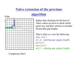 Naïve extension of the previous
algorithm
j
i
Align
Rather than checking for the best of
Three values we have to check whole
green row and blue column to consider
all possible gap lengths.
That is find max over the following
max over i’
s(i’,j) – opening gap -g(gap_length)
s(i-1,j-1)
max over j’
s(i,j’) – opening gap -g(gap_length)
i’
Complexity O(n3)
 