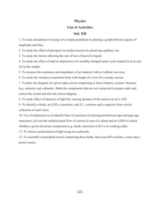 Physics
                                         List of Activities
                                              Std. XII
1. To study dissipation of energy of a simple pendulum by plotting a graph between square of
amplitude and time.
2. To study the effect of detergent on surface tension by observing capillary rise.
3. To study the factors affecting the rate of loss of heat of a liquid.
4. To study the effect of load on depression of a suitably clamped meter scale loaded (i) at its end
(ii) in the middle.
5. To measure the resistance and impedance of an inductor with or without iron core.
6. To study the variation in potential drop with length of a wire for a steady current.
7. To draw the diagram of a given open circuit comprising at least a battery, resistor/ rheostat,
key, ammeter and voltmeter. Mark the components that are not connected in proper order and
correct the circuit and also the circuit diagram.
8. To study effect of intensity of light (by varying distance of the source) on an L.D.R.
9. To identify a diode, an LED, a transistor, and 1C, a resistor and a capacitor from mixed
collection of such items.
10. Use of multimeter to (i) identify base of transistor (ii) distinguish between npn and pnp type
transistors, (iii) see the unidirectional flow of current in case of a diode and an LED (iv) check
whether a given electronic component (e.g. diode, transistor or IC) is in working order.
1 l. To observe polarization of light using two polaroids.
12. To assemble a household circuit comprising three bulbs, three (on/off) switches, a fuse and a
power source.




                                                 121
 