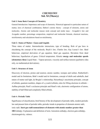 CHEMISTRY
                                        Std. XI (Theory)

Unit 1: Some Basic Concepts of Chemistry
General Introduction: Importance and scope of chemistry. Historical approach to particulate nature of
matter, laws of chemical combination, Dalton‟s atomic theory : concept of elements, atoms and
molecules. Atomic and molecular masses mole concept and molar mass : Avogadro‟s law and
Avogadro number, percentage composition, empirical and molecular formula, chemical reactions,
stoichiometry and calculations based on stoichimetry.

Unit 2 : States of Matter : Gases and Liquids
Three states of matter. Intermolecular interactions, type of bonding. Role of gas laws in
elucidating the concept of the molecule, Boyle‟s law, Charles law, Gay Lussac‟s law. Ideal
behaviour, empirical derivation of gas equation. Ideal gas equation. Deviation from ideal
behaviour, liquefaction of gases. Critical temperature. Kinetic energy and molecular speeds
(elementary idea) Liquid State – Vapour pressure, viscosity and surface tension (qualitative idea
only, no mathematical derivations).

Unit 3 : Structure of Atom

Discovery of electron, proton and neutron; atomic number, isotopes and isobars. Rutherford‟s
model and its limitations, Bohr‟s model and its limitations, concept of shells and subshells, dual
nature of matter and light, de Broglie‟s relationship, Heisenberg‟s uncertainty principle, concept
of orbitals, quantum numbers, shapes of s, p and d orbitals, rules for filling electrons in orbitals –
Aufbau principle, Pauli‟s exclusion principle and Hund‟s rule, electronic configuration of atoms,
stability of half filled and completely filled orbitals.


Unit 4 : Periodic Table

Significance of classification, brief history of the development of periodic table, modern periodic
law and present form of periodic table, periodic trends in properties of elements atomic radii,
ionic radii. Inert gas radii nomenclature of elements with atomic number greater than
100.Enthalpy: Explanation and definition of term. Ionization enthalpy, electron gain enthalpy,
electronegativity, valence.

                                                  123
 