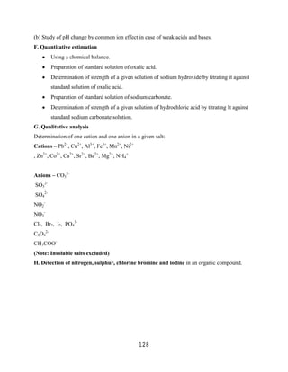 (b) Study of pH change by common ion effect in case of weak acids and bases.
F. Quantitative estimation
         Using a chemical balance.
         Preparation of standard solution of oxalic acid.
         Determination of strength of a given solution of sodium hydroxide by titrating it against
         standard solution of oxalic acid.
         Preparation of standard solution of sodium carbonate.
         Determination of strength of a given solution of hydrochloric acid by titrating It against
         standard sodium carbonate solution.
G. Qualitative analysis
Determination of one cation and one anion in a given salt:
Cations – Pb2+, Cu2+, Al3+, Fe3+, Mn2+, Ni2+
, Zn2+, Co2+, Ca2+, Sr2+, Ba2+, Mg2+, NH4+


Anions – CO32-
SO32-
SO42-
NO2-
NO3-
Cl-, Br-, I-, PO43-
C2O42-
CH3COO-
(Note: Insoluble salts excluded)
H. Detection of nitrogen, sulphur, chlorine bromine and iodine in an organic compound.




                                                 128
 