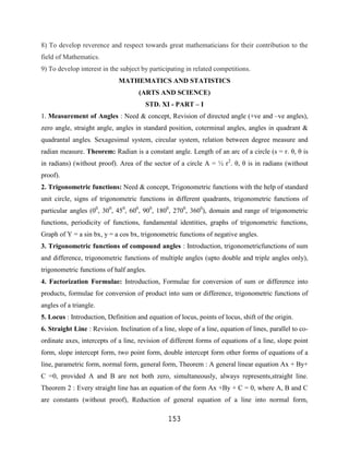 8) To develop reverence and respect towards great mathematicians for their contribution to the
field of Mathematics.
9) To develop interest in the subject by participating in related competitions.
                             MATHEMATICS AND STATISTICS
                                     (ARTS AND SCIENCE)
                                        STD. XI - PART – I
1. Measurement of Angles : Need & concept, Revision of directed angle (+ve and –ve angles),
zero angle, straight angle, angles in standard position, coterminal angles, angles in quadrant &
quadrantal angles. Sexagesimal system, circular system, relation between degree measure and
radian measure. Theorem: Radian is a constant angle. Length of an arc of a circle (s = r. θ, θ is
in radians) (without proof). Area of the sector of a circle A = ½ r2. θ, θ is in radians (without
proof).
2. Trigonometric functions: Need & concept, Trigonometric functions with the help of standard
unit circle, signs of trigonometric functions in different quadrants, trigonometric functions of
particular angles (00, 300, 450, 600, 900, 1800, 2700, 3600), domain and range of trigonometric
functions, periodicity of functions, fundamental identities, graphs of trigonometric functions,
Graph of Y = a sin bx, y = a cos bx, trigonometric functions of negative angles.
3. Trigonometric functions of compound angles : Introduction, trigonometricfunctions of sum
and difference, trigonometric functions of multiple angles (upto double and triple angles only),
trigonometric functions of half angles.
4. Factorization Formulae: Introduction, Formulae for conversion of sum or difference into
products, formulae for conversion of product into sum or difference, trigonometric functions of
angles of a triangle.
5. Locus : Introduction, Definition and equation of locus, points of locus, shift of the origin.
6. Straight Line : Revision. Inclination of a line, slope of a line, equation of lines, parallel to co-
ordinate axes, intercepts of a line, revision of different forms of equations of a line, slope point
form, slope intercept form, two point form, double intercept form other forms of equations of a
line, parametric form, normal form, general form, Theorem : A general linear equation Ax + By+
C =0, provided A and B are not both zero, simultaneously, always represents,straight line.
Theorem 2 : Every straight line has an equation of the form Ax +By + C = 0, where A, B and C
are constants (without proof), Reduction of general equation of a line into normal form,

                                                 153
 
