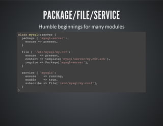PACKAGE/FILE/SERVICE
Humble beginnings for many modules
class mysql::server {
package { 'mysql-server':
ensure => present,
}
file { '/etc/mysql/my.cnf':
ensure => present,
content => template('mysql/server/my.cnf.erb'),
require => Package['mysql-server'],
}
service { 'mysqld':
ensure => running,
enable => true,
subscribe => File['/etc/mysql/my.conf'],
}
}
 