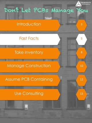 Don’t Let PCBs Manage You 
Introduction 3 
Fast Facts 5 
Take Inventory 
Manage Construction 
Assume PCB Containing 
Use Consulting 
8 
10 
12 
15 
 