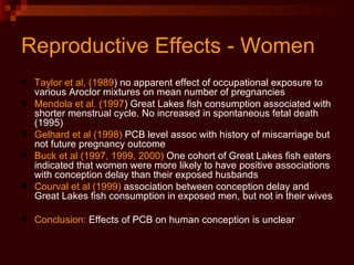 Reproductive Effects - Women Taylor et al, (1989 ) no apparent effect of occupational exposure to various Aroclor mixtures on mean number of pregnancies Mendola et al. (1997 ) Great Lakes fish consumption associated with shorter menstrual cycle. No increased in spontaneous fetal death (1995) Gelhard et al (1998)  PCB level assoc with history of miscarriage but not future pregnancy outcome Buck et al (1997, 1999, 2000)  One cohort of Great Lakes fish eaters indicated that women were more likely to have positive associations with conception delay than their exposed husbands  Courval et al (1999)  association between conception delay and Great Lakes fish consumption in exposed men, but not in their wives  Conclusion:  Effects of PCB on human conception is unclear 