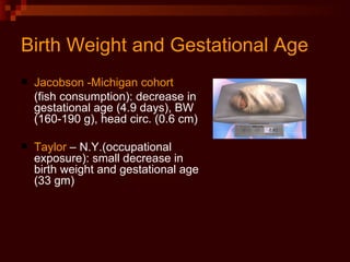 Birth Weight and Gestational Age Jacobson -Michigan cohort   (fish consumption): decrease in gestational age (4.9 days), BW (160-190 g), head circ. (0.6 cm) Taylor  – N.Y.(occupational exposure): small decrease in birth weight and gestational age (33 gm) 