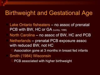 Birthweight and Gestational Age Lake Ontario fisheaters  – no assoc of prenatal PCB with BW, HC or GA  (Lonky, 1996) North Carolina  – no assoc of BW, HC and PCB Netherlands  – prenatal PCB exposure assoc with reduced BW, not HC  Association gone at 3 months in breast fed infants Smith (1984) Wisconsin PCB associated with higher birthweight 