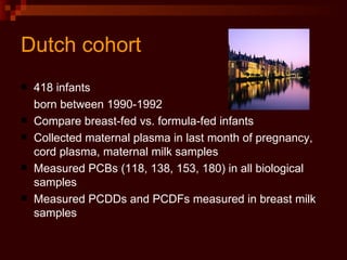 Dutch cohort 418 infants  born between 1990-1992 Compare breast-fed vs. formula-fed infants Collected maternal plasma in last month of pregnancy, cord plasma, maternal milk samples Measured PCBs (118, 138, 153, 180) in all biological samples Measured PCDDs and PCDFs measured in breast milk samples 