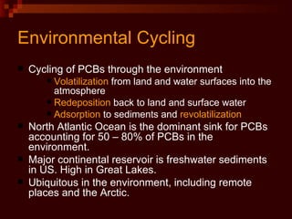 Environmental Cycling Cycling of PCBs through the environment Volatilization  from land and water surfaces into the atmosphere Redeposition  back to land and surface water Adsorption  to sediments and  revolatilization North Atlantic Ocean is the dominant sink for PCBs accounting for 50 – 80% of PCBs in the environment. Major continental reservoir is freshwater sediments in US. High in Great Lakes. Ubiquitous in the environment, including remote places and the Arctic.  