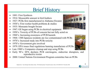 Brief History
1881: First Synthesis
1914: Measurable amount in bird feathers
1927: PCBs first manufactured in Alabama (Swann)
1930’s: First worker health problems & studies
1935: Monsanto bought Swann
1947: GE began using PCBs in electrical equipment
1950’s: Toxicity of PCBs of concern but not fully acted on
1960’s: Increasing awareness of PCB hazards
1968: 1300 Japanese residents ate rice contaminated with PCBs
1970’s: Increased study into PCBs toxicity
1970’s: Government gets involved
1979: EPA issues final regulations banning manufacture of PCBs
Late 1980’s: Companies cleanup and stop using PCBs
Early 90’s: EPA declares PCB carcinogens, endocrine disruptors, and
            reproductive toxins
2000: United Nations Environment Program committee ban on PCBs


   Adapted from: “Lake Michigan Mass Balance Study - PCB Modeling Report” Ronald Rossmann, Editor, EPA-600/R-04/167 December 2006
                                                                                                                                    6
 