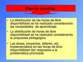 La distribución de las horas de libre disponibilidad se ha realizado considerando las necesidades  de aprendizaje. La distribución de horas de libre disponibilidad se ha realizado considerando la propuesta pedagógica. Las áreas, proyectos, talleres, etc. Implementados en las horas de libre disponibilidad dan respuesta a la problemática priorizada Plan de estudios  