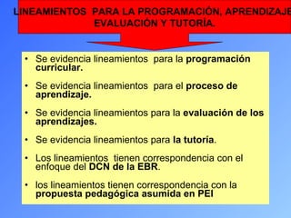 Se evidencia lineamientos  para la  programación curricular. Se evidencia lineamientos  para el  proceso de aprendizaje. Se evidencia lineamientos para la  evaluación de los aprendizajes. Se evidencia lineamientos para  la tutoría . Los lineamientos  tienen correspondencia con el enfoque del  DCN de la EBR . los lineamientos tienen correspondencia con la  propuesta pedagógica asumida en PEI LINEAMIENTOS  PARA LA PROGRAMACIÓN, APRENDIZAJE, EVALUACIÓN Y TUTORÍA.  