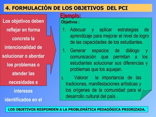 3.  Valorar  la importancia de las tradiciones, manifestaciones artísticas y los orígenes de la comunidad para el desarrollo cultural del país . Adecuar y aplicar estrategias de aprendizaje para mejorar el nivel de logro de las capacidades de los estudiantes. Generar espacios de diálogo y comunicación que permitan a los estudiantes solucionar sus diferencias y problemas que los aquejan. Objetivos : Ejemplo: 4. FORMULACIÓN DE LOS OBJETIVOS  DEL PCI Los objetivos deben reflejar en forma concreta la intencionalidad de solucionar o abordar los problemas o atender las necesidades e intereses identificados en el diagnóstico LOS OBJETIVOS RESPONDEN A LA PROBLEMÁTICA PEDAGÓGICA PRIORIZADA. 