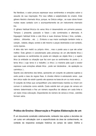 Na literátura, o autor procura expressar seus sentimentos e emoções sobre o
assunto de sua inspiração. Por isso reflete a subjetividade do criador. Este
gênero literário chamado lírica, porque, na Grécia antiga , as suas obras foram
muitas vezes cantado com o acompanhamento de um instrumento chamado
lira.
O gênero habitual líricoLa do verso lírico é desenvolvido em primeira pessoa.
Tempos ( presente, passado e futuro ) são combinados e alternada. A
linguagem habitual limita a ode lírica e suas diversas formas ( hino, cantata ,
cântico , ditirambo , etc . ) , Embora a sua maior aceitação também inclui a
canção , balada, elegia, soneto e até mesmo o peças destinadas a ser cantado,
como óperas.
A letra não tem metrô ou próprio ritmo , mas o poeta usou o que ele achar
melhor. Este gênero é caracterizado pela presença de um alto-falante lírico (
que expressa os sentimentos do poeta em relação ao objeto lírico ), o sujeito
lírico (a entidade ou situação que faz com que os sentimentos do poeta ) , o
tema lírico ( cujo tema é o trabalho ) e lírico ( a maneira pela qual o orador
expressa suas emoções atitude lírica , pode ser declarativa , de apelação ou
carmínica ) .
Quanto aos elementos das letras, apresenta um conjunto de palavras sujeitas a
certo ponto e taxa de regras fixas. A divisão inferior é estruturado verso , que
tem única razão de existir quando ele aparece na base de um ou mais versos.
O conjunto de linhas que compartilham uma determinada medida ou rimam em
comum é conhecida como estrofe. Cada estrofe tem um grupo de versos em
número determinado e fixo um número específico de sílabas em cada linha e
um dado rimas colocação. Dependendo do número de versos e rimas , estrofes
formam série.
Prática de Ensino: Observação e Projetos Elaboração de um
É um documento construído coletivamente, norteador das ações e decisões de
um curso em articulação com a especificidade da área de conhecimento, no
contexto da respectiva evolução histórica do campo de saber. Define a
 