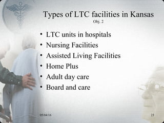05/04/16 23
Types of LTC facilities in Kansas
Obj. 2
• LTC units in hospitals
• Nursing Facilities
• Assisted Living Facilities
• Home Plus
• Adult day care
• Board and care
 