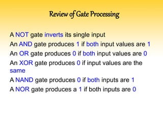 Review of Gate Processing
A NOT gate inverts its single input
An AND gate produces 1 if both input values are 1
An OR gate produces 0 if both input values are 0
An XOR gate produces 0 if input values are the
same
A NAND gate produces 0 if both inputs are 1
A NOR gate produces a 1 if both inputs are 0
 