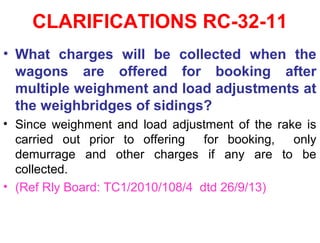 CLARIFICATIONS RC-32-11
• What charges will be collected when the
wagons are offered for booking after
multiple weighment and load adjustments at
the weighbridges of sidings?
• Since weighment and load adjustment of the rake is
carried out prior to offering for booking, only
demurrage and other charges if any are to be
collected.
• (Ref Rly Board: TC1/2010/108/4 dtd 26/9/13)
 