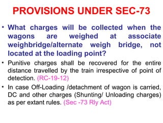 PROVISIONS UNDER SEC-73
• What charges will be collected when the
wagons are weighed at associate
weighbridge/alternate weigh bridge, not
located at the loading point?
• Punitive charges shall be recovered for the entire
distance travelled by the train irrespective of point of
detection. (RC-19-12)
• In case Off-Loading /detachment of wagon is carried,
DC and other charges (Shunting/ Unloading charges)
as per extant rules. (Sec -73 Rly Act)
 