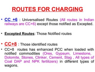 ROUTES FOR CHARGING
• CC +6 : Universalised Routes (All routes in Indian
railways are CC+6) except those notified as Excepted.
• Excepted Routes: Those Notified routes
• CC+8 : Those identified routes
• CC+8 routes has enhanced PCC when loaded with
notified commodities (Ores, Gypsum, Limestone,
Dolomite, Stones, Clinker, Cement, Slag , All types of
Coal DAP and NPK fertilizers) in different types of
wagons.
 