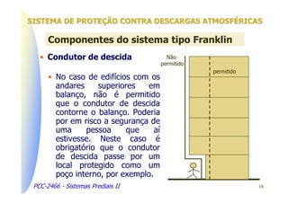 SISTEMA DE PROTEÇÃO CONTRA DESCARGAS ATMOSFÉRICAS

      Componentes do sistema tipo Franklin
   • Condutor de descida                  Não
                                        permitido
                                                    permitido
      • No caso de edifícios com os
        andares     superiores  em
        balanço, não é permitido
        que o condutor de descida
        contorne o balanço. Poderia
        por em risco a segurança de
        uma     pessoa     que     aí
        estivesse. Neste caso é
        obrigatório que o condutor
        de descida passe por um
        local protegido como um
        poço interno, por exemplo.
 PCC-2466 - Sistemas Prediais II                                18
 