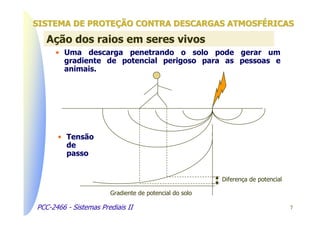 SISTEMA DE PROTEÇÃO CONTRA DESCARGAS ATMOSFÉRICAS
   Ação dos raios em seres vivos
      • Uma descarga penetrando o solo pode gerar um
        gradiente de potencial perigoso para as pessoas e
        animais.




      • Tensão
        de
        passo


                                                        Diferença de potencial

                       Gradiente de potencial do solo

PCC-2466 - Sistemas Prediais II                                                  7
 