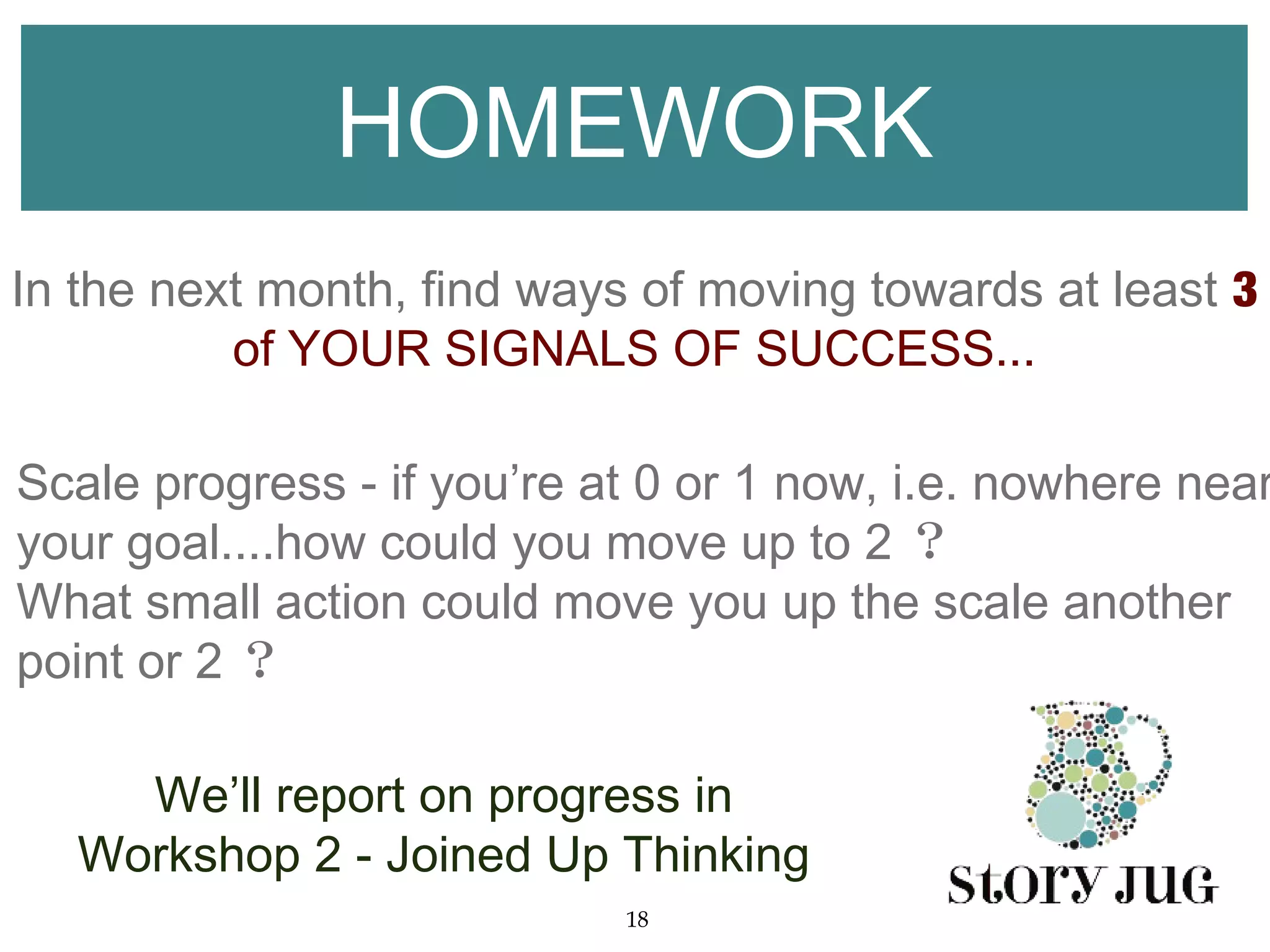 HOMEWORK
In the next month, find ways of moving towards at least 3
          of YOUR SIGNALS OF SUCCESS...

Scale progress - if you’re at 0 or 1 now, i.e. nowhere near
your goal....how could you move up to 2 ？
What small action could move you up the scale another
point or 2 ？

     We’ll report on progress in
   Workshop 2 - Joined Up Thinking
                            18
 