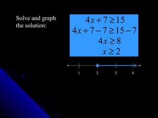 Solve and graph
the solution:
                      4 x + 7 ≥ 15
                  4 x + 7 − 7 ≥ 15 − 7
                          4x ≥ 8
                            x≥2

                   1     2     3    4
 